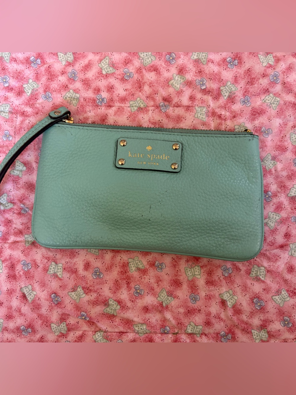 kate spade Mint Green Pebbled Leather Wristlet with Gold-Tone Logo
